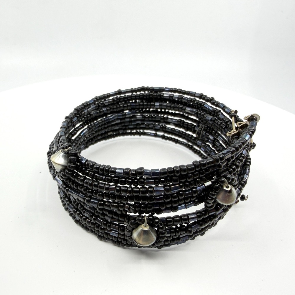 Gothic Black Seed Bead Multi-Layer Wrap Cuff Bracelet - Festival Gift